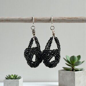 Vintage Black Faceted Beaded Dangle Earrings Irridescent Multistrand Knotted
